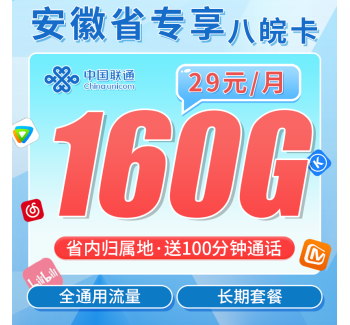 联通八皖卡29元160G+100分钟+安徽专属！