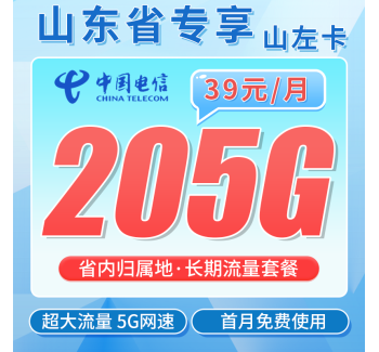 电信山左卡39元205G全国流量+长期套餐+山东专属！