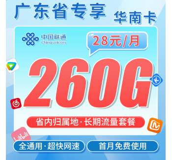 联通华南卡28元260G+广东省专属！