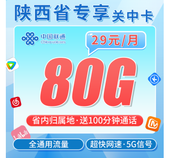 联通关中卡29元80G+100分钟+陕西专属！