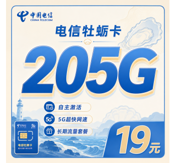 电信牡蛎卡19元205G全国流量+长期套餐+山东专属！