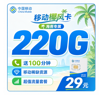 移动椰风卡29元220G+100分钟+海南专属！