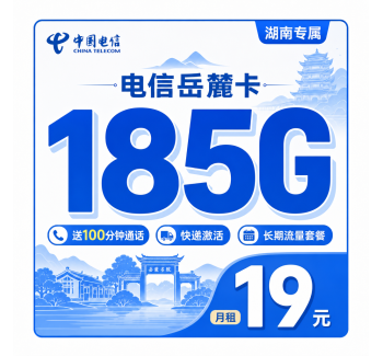 电信岳麓卡19元185G+100分钟+长期流量+湖南专属！