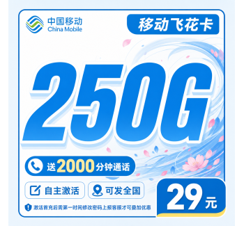 移动飞花卡29元250G+2000分钟+可发全国！