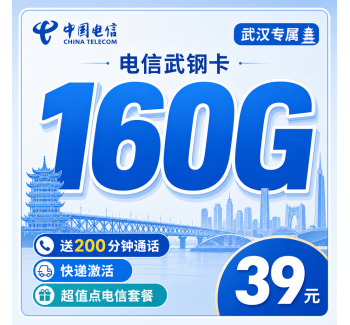 电信武钢卡39元160G+200分钟+武汉专属！