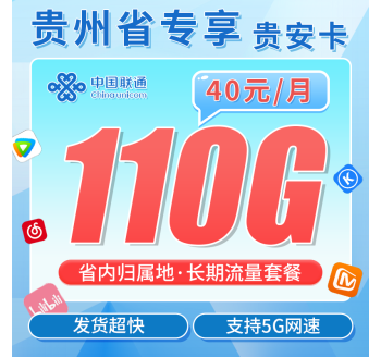 联通贵安卡40元110G+长期套餐+贵州省专属！