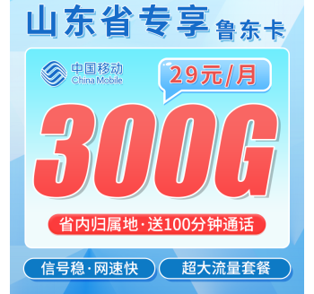 移动鲁东卡29元300G+100分钟+山东专属！
