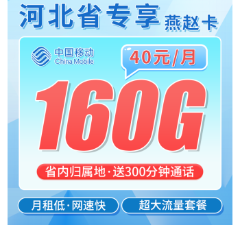 移动燕赵卡40元160G+300分钟通话+河北专属！