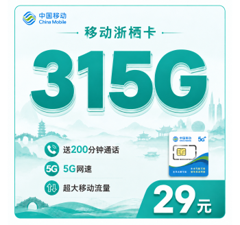 移动浙栖卡29元315G+200分钟通话+浙江专属！