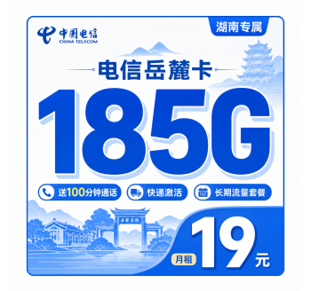 电信岳麓卡19元185G+100分钟+长期流量+湖南专属！