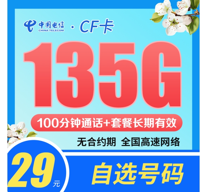 电信CF卡29元135G+100分钟+永久套餐！