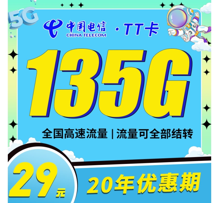 电信TT卡29元135G支持结转+永久套餐！