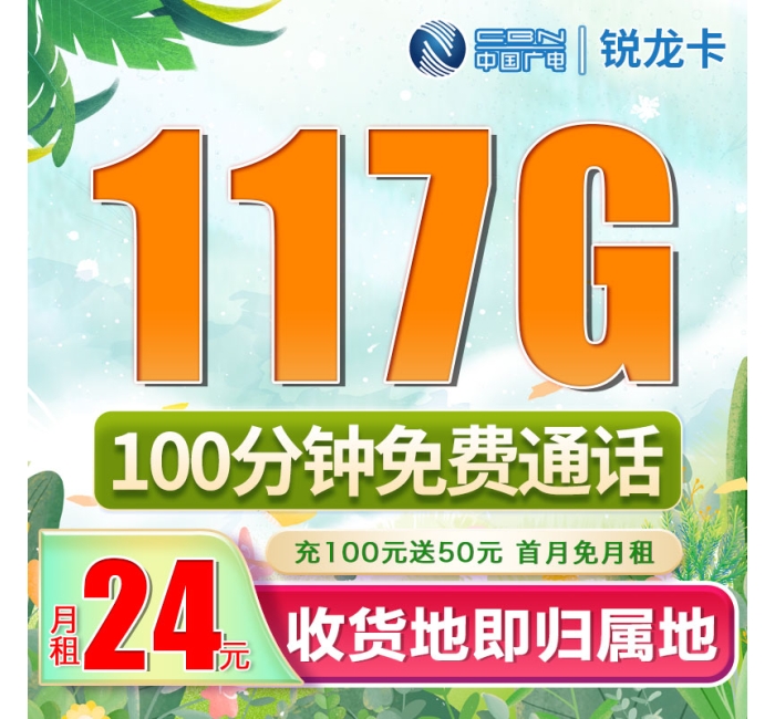 卡世界广电锐龙卡24元117G通用流量+100分钟（流量支持结转）