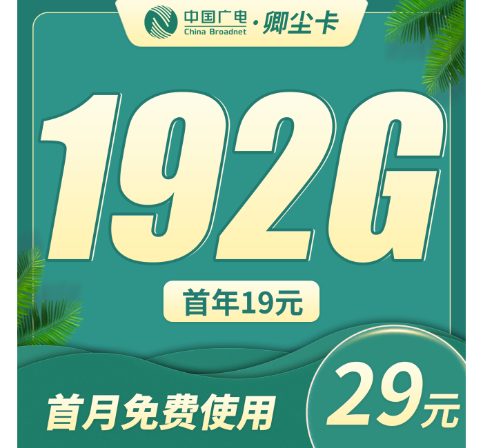 广电卿尘卡19元192G通用流量（首年19元）+本地归属地！