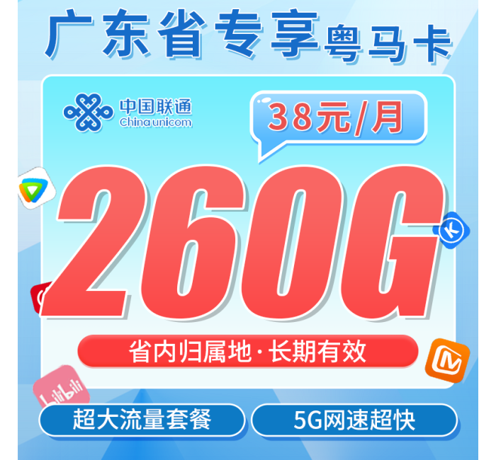 联通粤马卡38元260G+广东省专属！