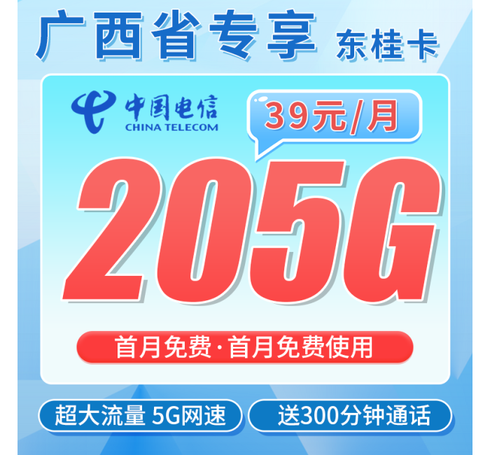 电信东桂卡39元205G全国流量+300分钟+广西专属！