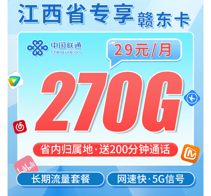 联通赣东卡29元270G+200分钟+江西专属！