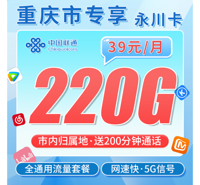 联通永川卡39元220G+200分钟+重庆专属！