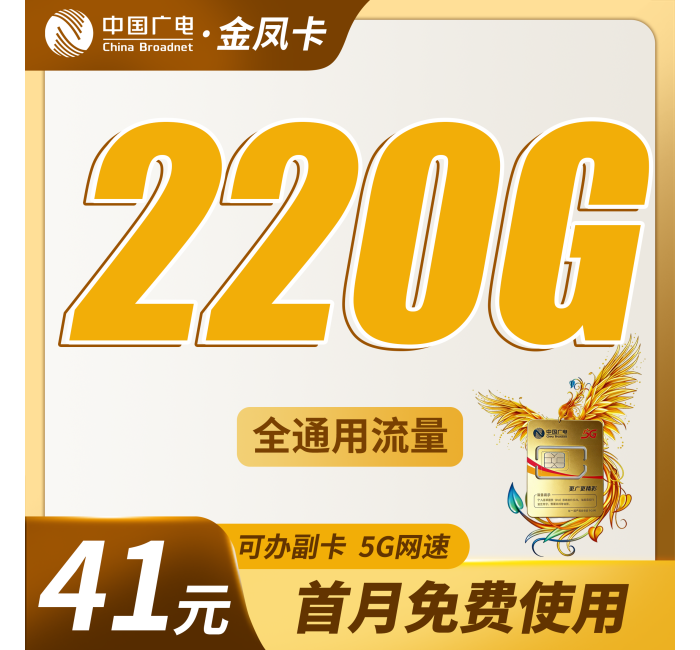 广电金风卡41元220G通用流量+可办副卡+可发全国！
