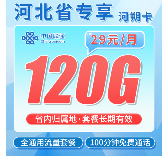 联通河朔卡29元120G+100分钟+长期套餐+河北专属！
