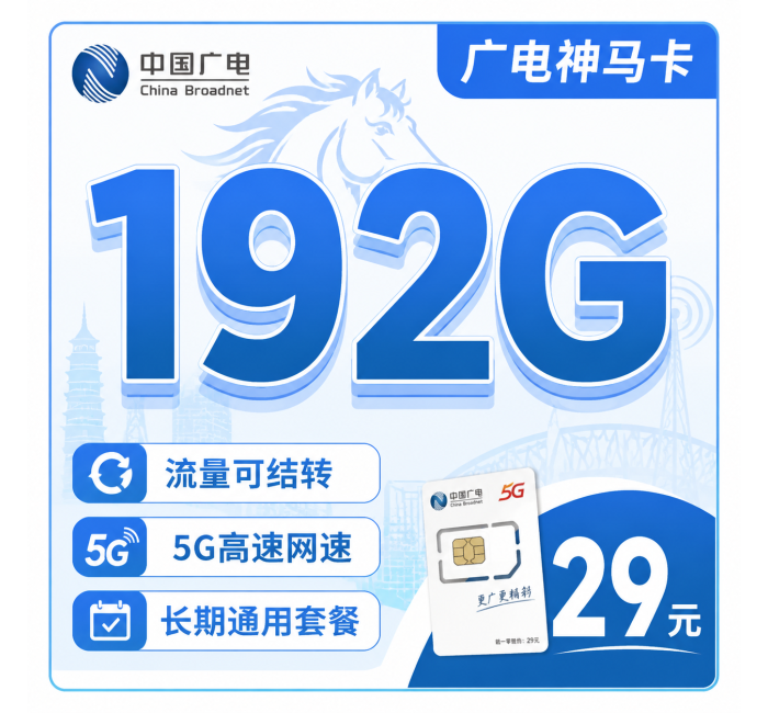 广电神马卡29元192G全国流量+多省专属！