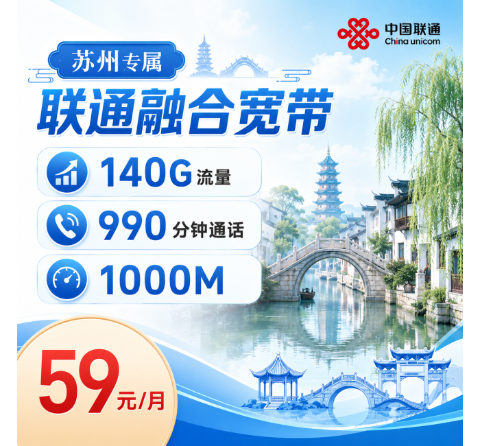 苏州宽带联通59元享1000Mbps+140G+990分钟+苏州专属