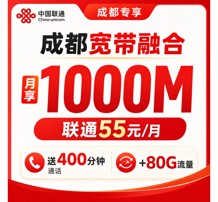 成都市宽带联通融合55元月享1000Mbps