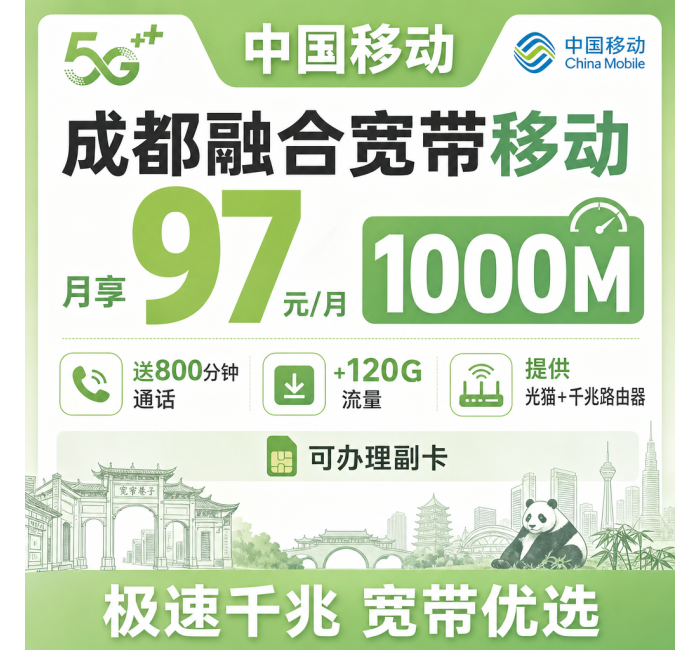 成都市宽带移动97元每月享1000Mbps