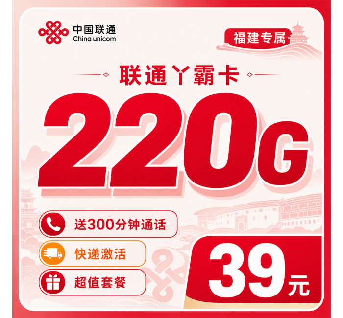联通丫霸卡39元220G+300分钟+福建专属！