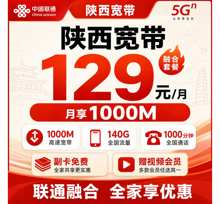 陕西宽带联通融合129元月享140G+1000分钟+1000Mbps