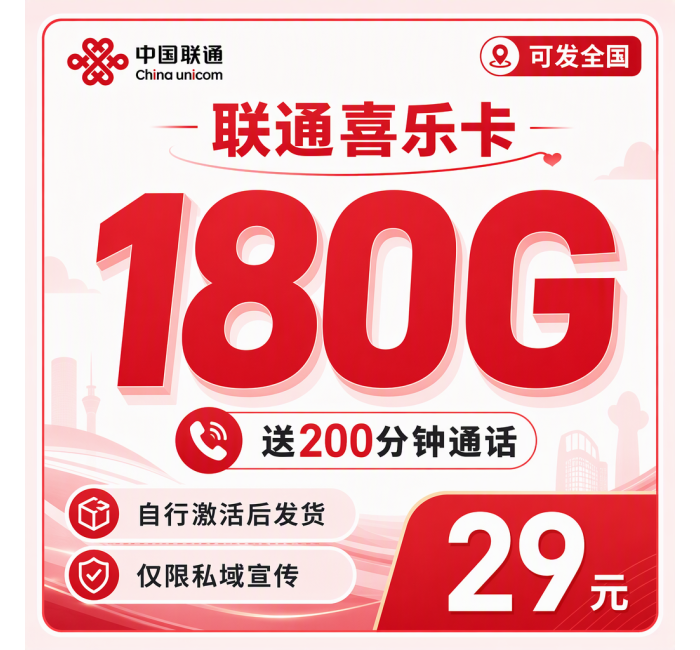 联通喜乐卡29元180G+200分钟+可发全国！